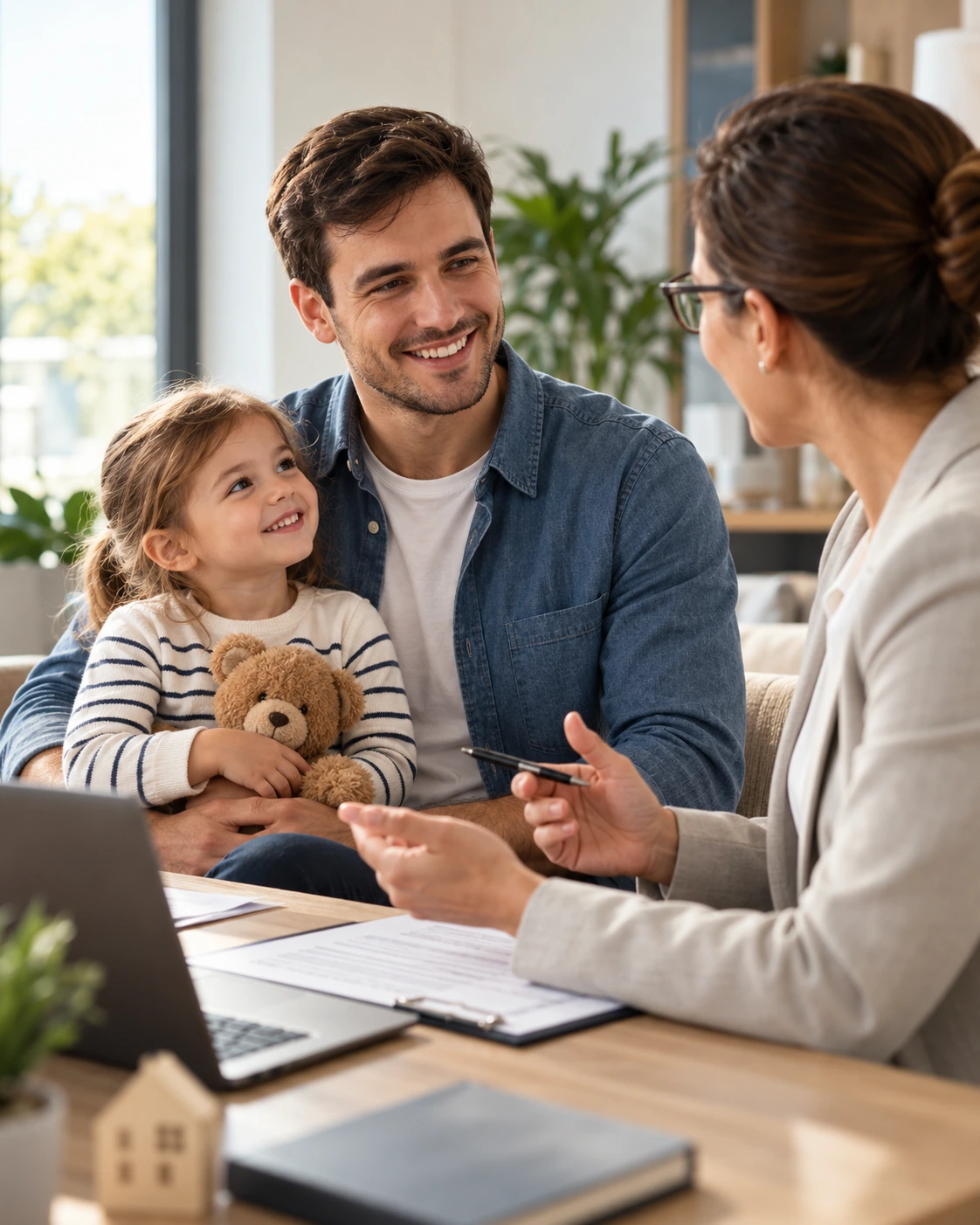 Família com uma criança em consulta com uma consultora